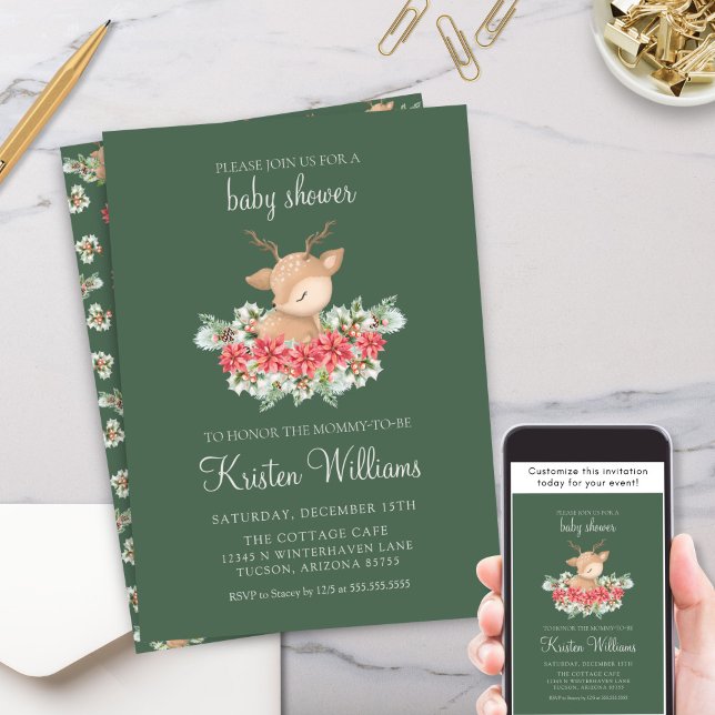 Convite Chá de fraldas de Pequenos Deuses do Natal Verde (Green Little Deer Christmas Winter Poinsettia Pine Gender Neutral Boy or Girl Baby Shower Invitation)