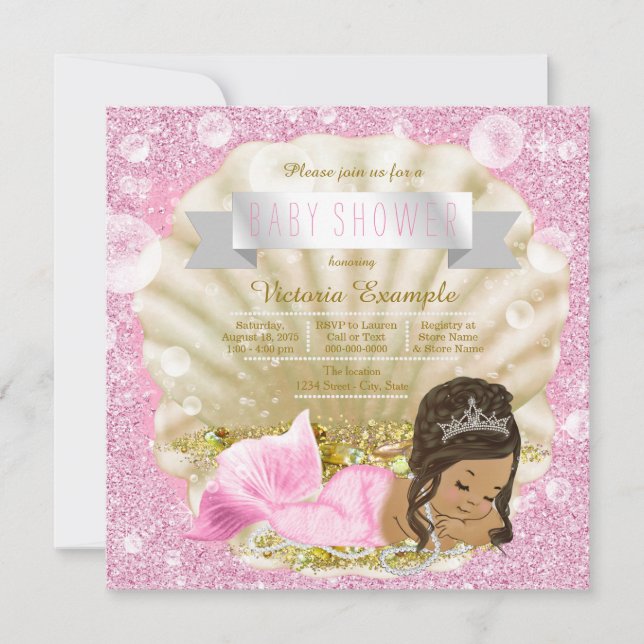 Convite Chá de fraldas de Pérola Rosa de Sereia Étnica (Frente)