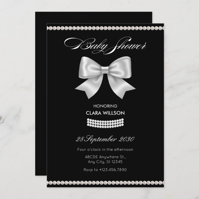 Convite Chá de fraldas de pérolas arco doce preto (Frente/Verso)