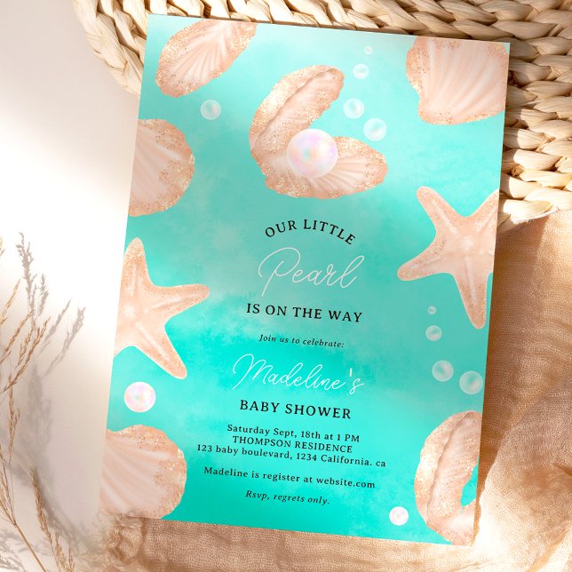 Convite Chá de fraldas de pérolas de verão bonito (Cute summer ocean little pearl baby shower blue ocean  invitation)