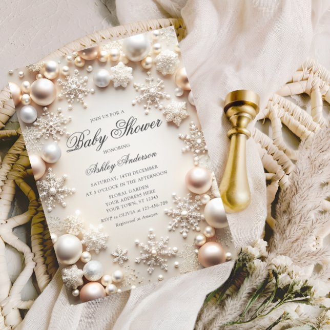 Convite Chá de fraldas de Pérolas e Flocos de Neve (Criador carregado)