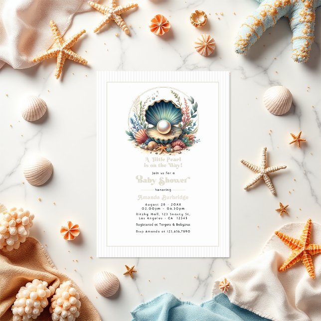 Convite Chá de fraldas de Pérolas Elegante do Tema Submari (Under-the-Sea Theme Elegant Pearl Baby Shower Invitation)