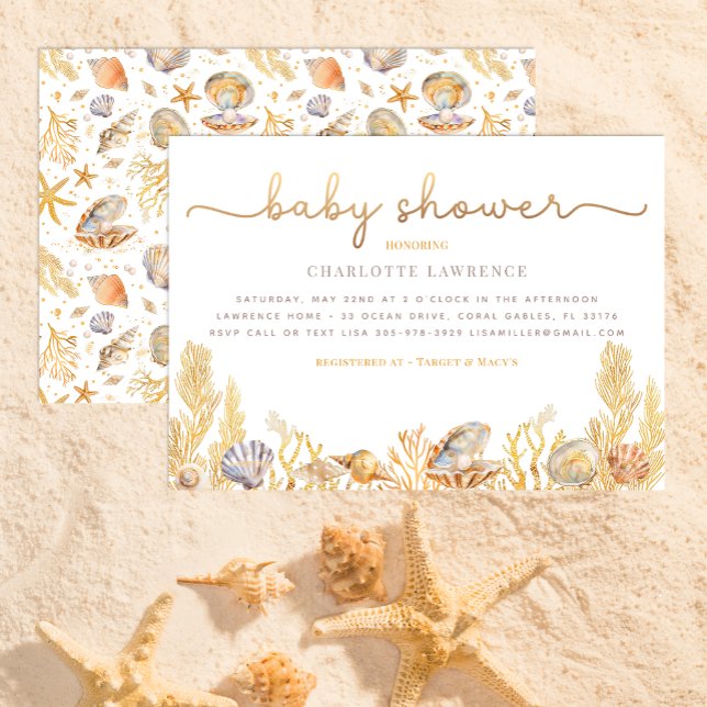 Convite Chá de fraldas de Pérolas Pequenas do Oceano de Aq (Beach Baby Shower Invitation)