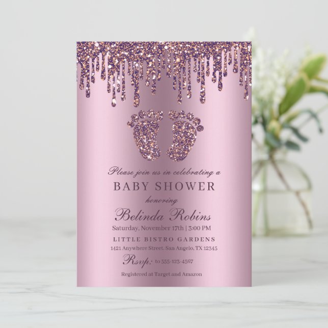 Convite Chá de fraldas de Pés-Bebê Roxo com Coleta de Líti (Em pé/Frente)