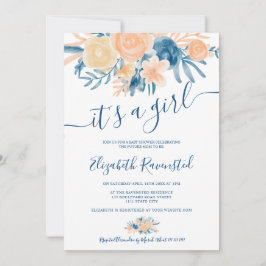 Convite Chá de fraldas de pêssego azul com marinho de aqua