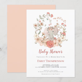 Convite Chá de fraldas de Pêssego de Elephant Foliage Cute