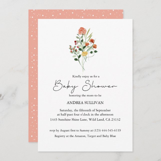 Convite Chá de fraldas de Pêssego de Flor Selvagem Minimal (Frente/Verso)