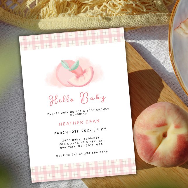 Convite Chá de fraldas de Pêssego Gingham, Rosa, doce (Sweet Pink Gingham Peach Baby Shower Invitation)