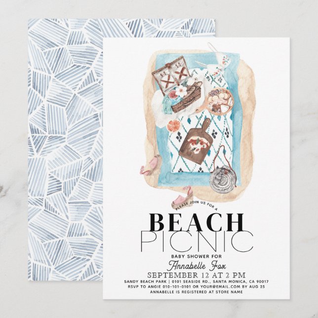 Convite Chá de fraldas de Picnic Beach Indigo (Frente/Verso)