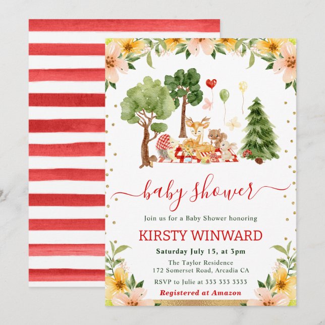 Convite Chá de fraldas de Picnic de Animais da Floresta de (Frente/Verso)