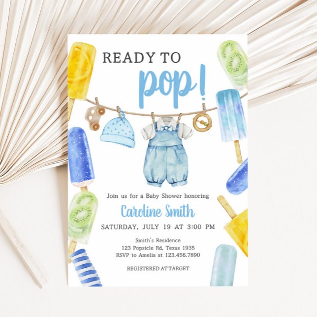 Convite Chá de fraldas de picolé (Boy Ready to Pop Popsicle Baby Shower Invitation)