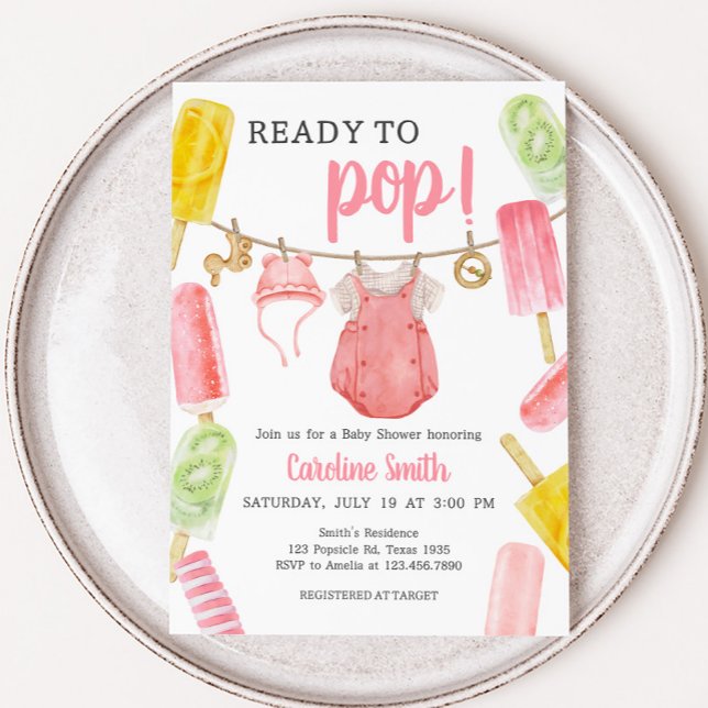 Convite Chá de fraldas de picolé (Girl Ready to Pop Popsicle Baby Shower Invitation)