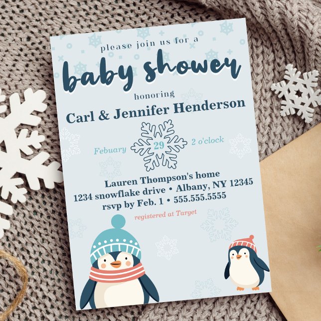 Convite Chá de fraldas de Pinguim Neve e Inverno Bonito (cute winter baby shower penguin and snowflake design gender neutral for boy or girl blue cozy animal)
