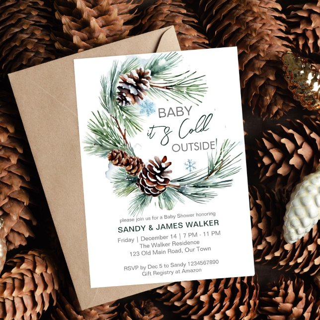 Convite Chá de fraldas de pinheiro de bebê (Winter baby baby shower pine wreath editable template invitation digital download baby it's cold out)
