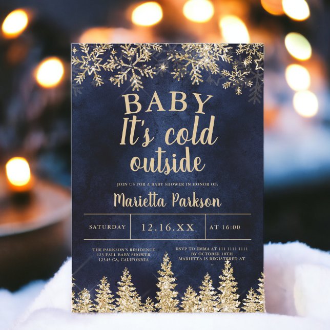 Convite Chá de fraldas de pinheiro de marinho de ouro de N (Winter Christmas gold snow pine navy baby shower Invitation)