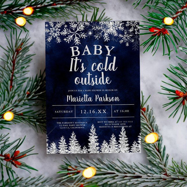 Convite Chá de fraldas de pinheiro prateado de inverno (Winter Christmas silver snow pine navy baby shower Invitation)