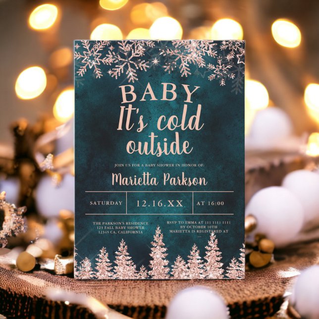 Convite Chá de fraldas de pinheiro rosa de ouro de inverno (Winter rose gold snow pine baby shower invitation)