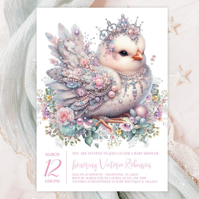 Convite Chá de fraldas de Pintinho (Precious jeweled chick with crown on a pretty pastel floral background. )
