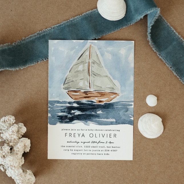 Convite Chá de fraldas de pintura em veleiro náutico (Blue nautical watercolor sailboat modern baby shower invitation.)