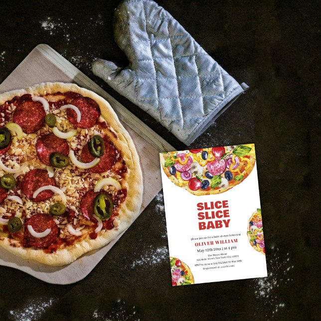 Convite Chá de fraldas de pizza com fatia fina italiana mo (Modern Italian Slice Slice Pizza Baby Shower Invitation)