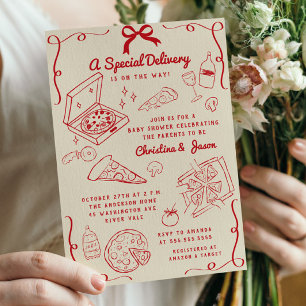 Convite Chá de fraldas de pizza desenhada à mão