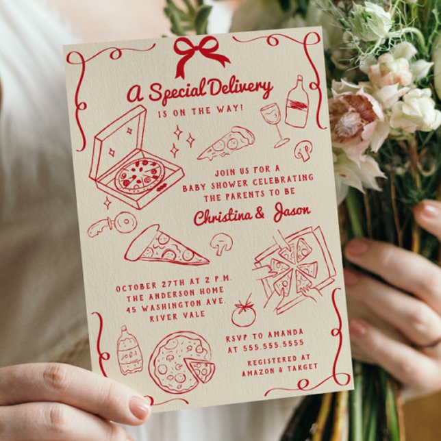 Convite Chá de fraldas de pizza desenhada à mão (Criador carregado)