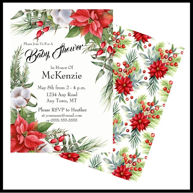 Convite Chá de fraldas de Poinsettia de Natal Vermelho e V (Elegant Christmas Baby Shower Invite Featuring Red Poinsettias, Cotton Blooms, and Greenery)