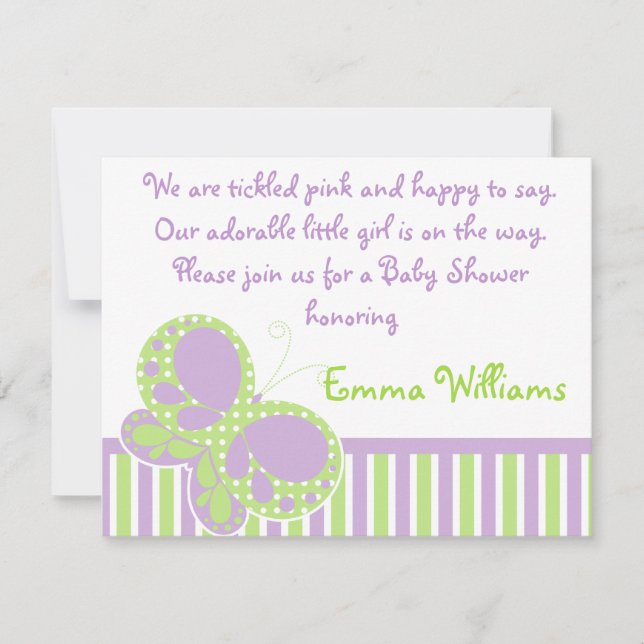 Convite Chá de fraldas de Pontos de Borboleta Roxo/Verde (Frente)