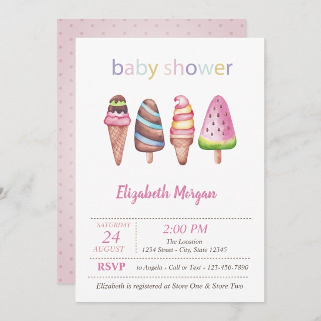 Convite Chá de fraldas de pontos de Sorvetes de aquarela (Frente/Verso)