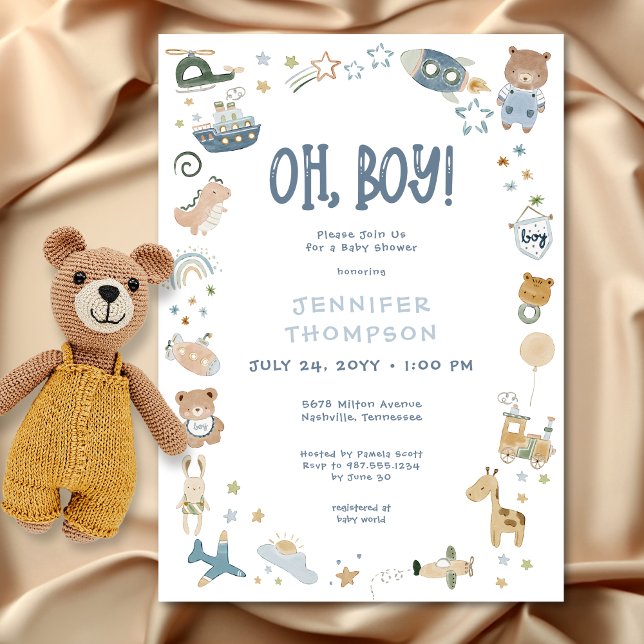 Convite Chá de fraldas de Portas Aquáticas Oh Boy Whimsica (Whimsical Oh Boy Watercolor Doodle Baby Shower Invitation)