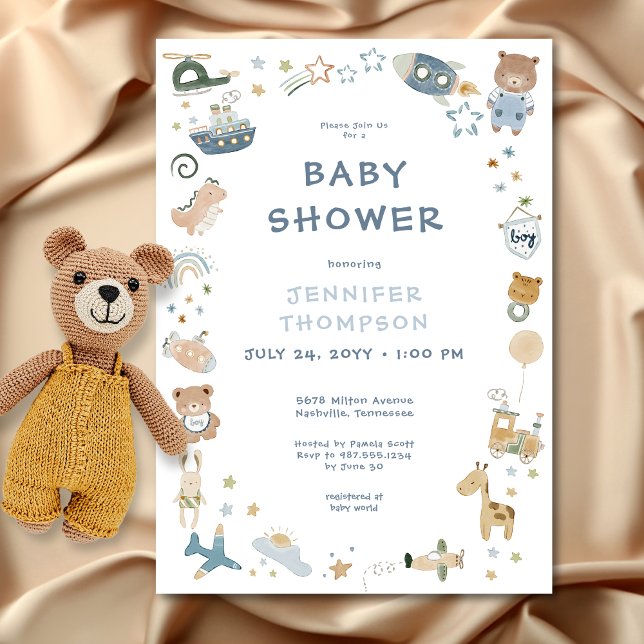 Convite Chá de fraldas de Portas de Aquarela de Menino Whi (Whimsical Oh Boy Watercolor Doodle Baby Shower Invitation)