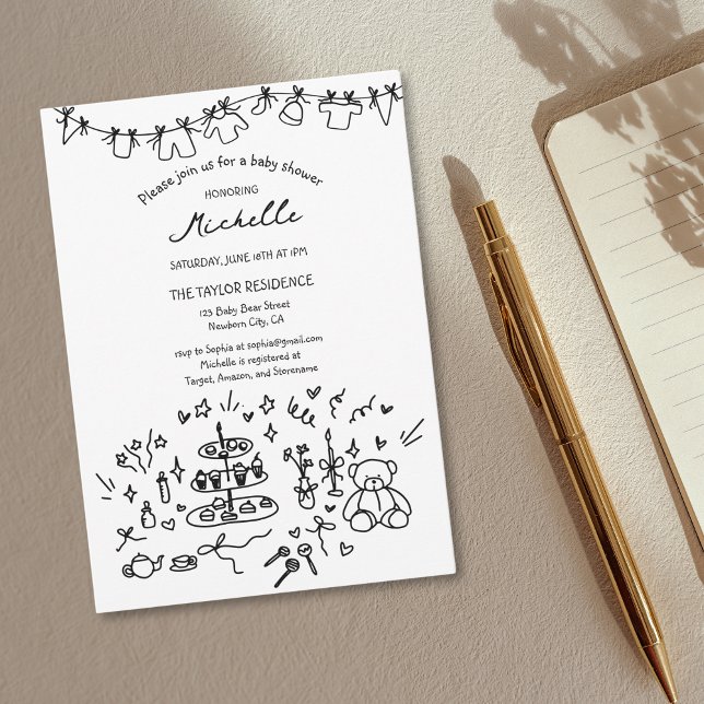Convite Chá de fraldas de Portas Esboçadas à Mão Branca (Cute Whimsical Hand Drawn Doodle Baby Shower Invitation)