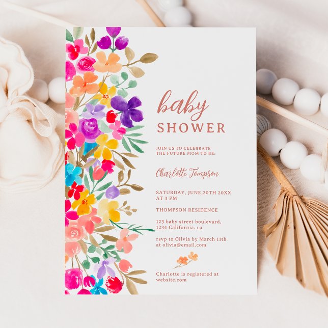 Convite Chá de fraldas de prados de flores silvestres (Painted garden wildflowers meadow baby shower invitation)