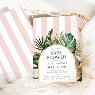 Convite Chá de fraldas de praia de palma com faixas rosa r