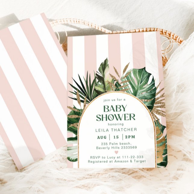 Convite Chá de fraldas de praia de palma com faixas rosa r (Criador carregado)