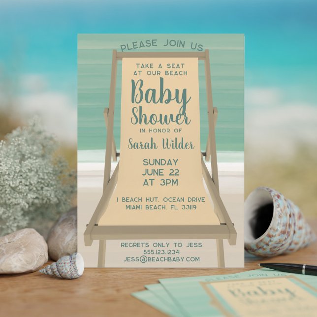 Convite Chá de fraldas de praia do Oceano Turquesa Neutro  (A baby shower invitation inspired by a turquoise ocean and a sandy beach. Add your details!)