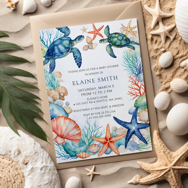 Convite Chá de fraldas de praia no mar marinho azul (Blue Marine Seashells Ocean Sea Beach Baby Shower Invitation)