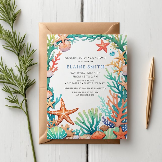 Convite Chá de fraldas de praia no mar marinho azul (Blue Marine Seashells Ocean Sea Beach Baby Shower Invitation)