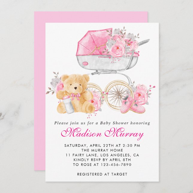 Convite Chá de fraldas de Pram com Rolha Floral Rosa Cinti (Frente/Verso)