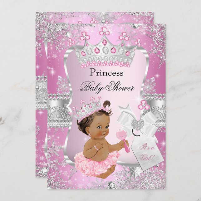 Convite Chá de fraldas de prata rosa Brungirl (Frente/Verso)