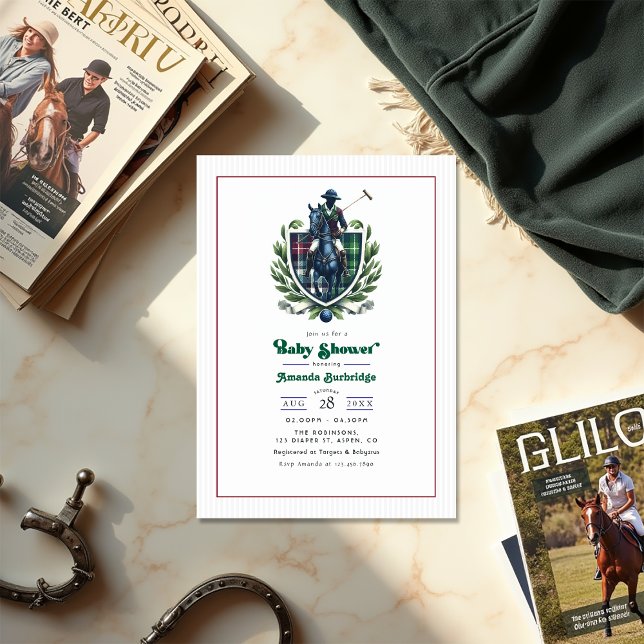 Convite Chá de fraldas De Pré-Papoila Equestrian Tartan Cr (Preppy Polo Baby Shower Equestrian Tartan Crest Invitation)