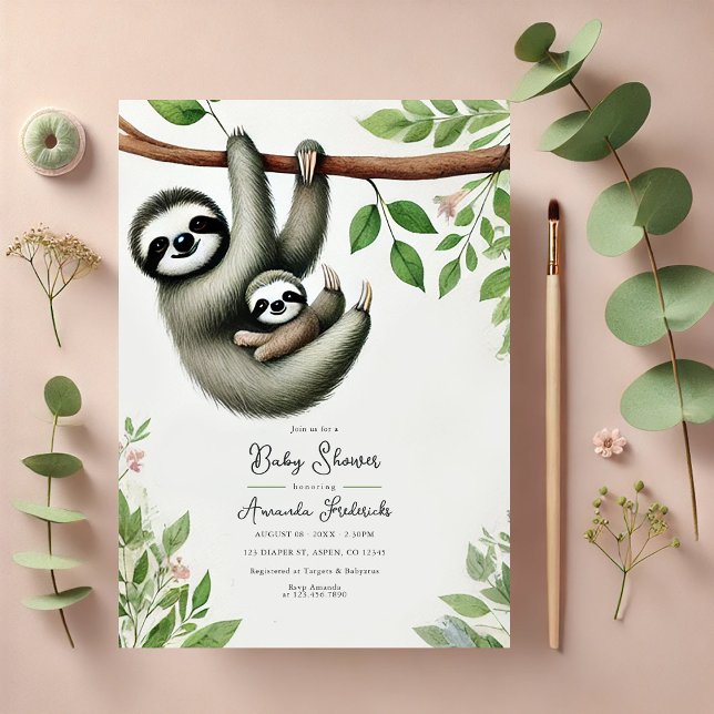 Convite Chá de fraldas de prego adorável (Adorable Hanging Sloth Baby Shower Invitation)