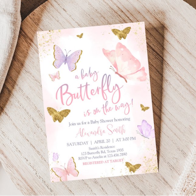 Convite Chá de fraldas de Primavera de borboleta Dourada r (Purple Gold Butterfly Baby Shower Invitation)