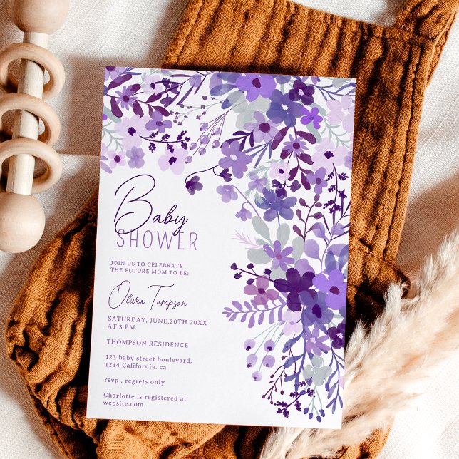 Convite Chá de fraldas de primavera de flores silvestres d (Romantic lavender wild flowers spring baby shower invitation)