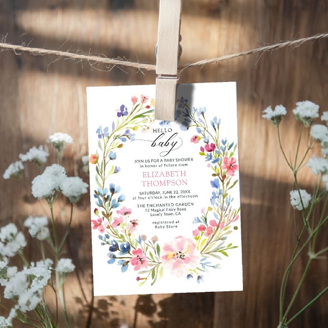 Convite Chá de fraldas de Primavera de flores silvestres d (wildflowers baby shower invitation garden backyard rustic barn meadow spring summer watercolor)
