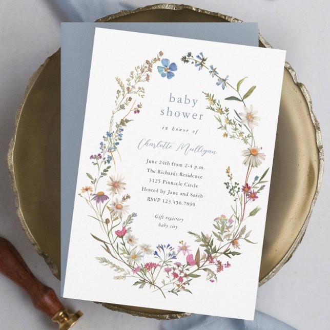 Convite Chá de fraldas de Primavera Floral de Flor (Elegant dusty blue wildflower baby shower invitations.)