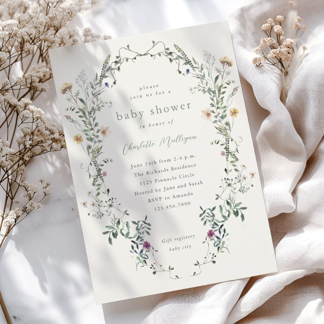 Convite Chá de fraldas de Primavera Floral de Flor (Wildflower wreath boho spring baby shower invitations.)