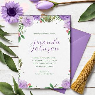 Convite Chá de fraldas de Primavera Floral Roxo
