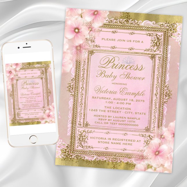 Convite Chá de fraldas de princesa de folha rosa e dourada (Pink Gold Princess Baby Shower Invitation. Instant download and printed invitations available.)