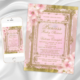 Convite Chá de fraldas de princesa de folha rosa e ouro
